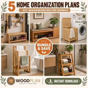 Puede incluir: Un paquete digital de 5 planes de organización del hogar con proyectos de carpintería DIY que incluyen un perchero, banco de entrada, cesto de ropa, toallero y estantería. El texto dice 5 HOME ORGANIZATION PLANS, DIY WOODWORKING PDF BUNDLE, BUNDLE & SAVE, WOODPLAN e INSTANT DOWNLOAD.