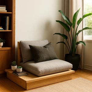 May include: A minimalist wooden meditation chair with a light grey cushion and a dark grey pillow. The chair sits on a low wooden platform. A large potted plant and a wooden bookshelf are in the background.