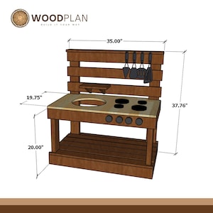 May include: A wooden play kitchen with dimensions labeled. The kitchen features a sink, stovetop, and hanging utensils. The overall height is 37.76 inches, with a width of 35 inches and a depth of 19.75 inches. The base is 20 inches high.