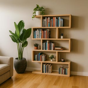 Puede incluir: Una estantería moderna de madera clara con un diseño asimétrico. Los estantes están llenos de libros de varios tamaños y colores. Se colocan plantas en macetas, grandes y pequeñas, cerca de la estantería, añadiendo un toque de naturaleza a la habitación.