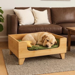 Puede incluir: Un perro Labrador de color claro durmiendo plácidamente en una cama para perros de madera. La cama tiene un cojín verde y una pequeña almohada amarilla. La cama es de madera clara y está colocada sobre una alfombra gris.