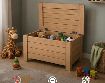 May include: A light brown wooden toy chest with a hinged lid, featuring horizontal slats on the front and lid. The chest is open and contains a teddy bear, a gray elephant plush, a green dinosaur figure, and a black and white soccer ball toy.