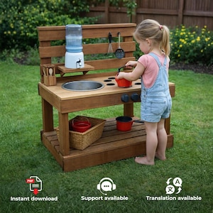 May include: A wooden outdoor play kitchen featuring a stainless steel sink, a stovetop with black burners, a water dispenser, and a woven storage basket. The unit includes hanging kitchen utensils and a red toy kettle for interactive play.