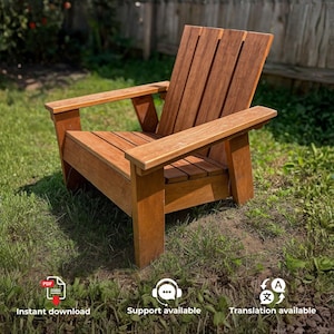 May include: A wooden outdoor chair featuring a slatted backrest, a flat seat, and wide armrests. The chair is constructed from natural brown wood planks with a visible grain, showcasing a sturdy frame with four legs and a reclined back design.