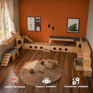 Peut inclure: Un grand centre d'activités en bois pour lapins comprenant plusieurs niveaux, des rampes, des tunnels et un pont. La structure inclut une plateforme clôturée, des ouvertures circulaires et un bac à litière. Un tapis rond tressé avec des jouets.