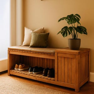 Peut inclure: Banc d'entrée en bois avec un range-chaussures intégré et une armoire latérale. Le banc est doté d'un coussin marron clair et de deux coussins décoratifs. Une plante en pot est posée sur l'armoire latérale. Plusieurs paires de chaussures sont visibles sur le range-chaussures.