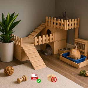 Puede incluir: Una conejera de madera de varios niveles con rampas, vallas y múltiples compartimentos. La conejera tiene un acabado de madera natural e incluye una caja de arena azul y cuencos. Se ven dos conejos.