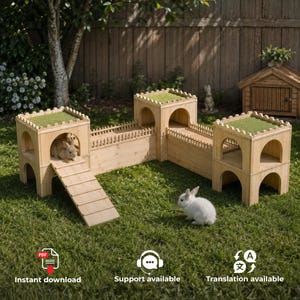 May include: A wooden castle-themed play structure for small animals, featuring three towers with green turf roofs, arched openings, connecting walls with picket fencing, and a ramp. A small rabbit sits inside one tower, and another sits on the grass.