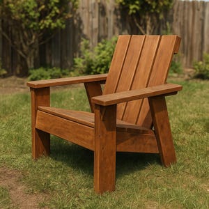 Op de afbeelding: Een bruine houten stoel met een lattenrugleuning en brede armleuningen. De stoel heeft een laag ontwerp met een licht hellende zitting en stevige poten, gemaakt van glad, gebeitst hout met een zichtbare houtnerf over het hele frame.