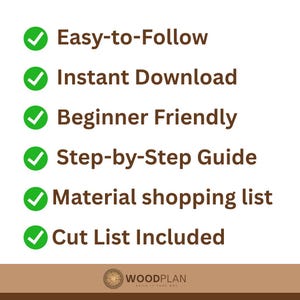 May include: A graphic with text and green checkmarks on a white background. Text includes "Easy-to-Follow", "Instant Download", "Beginner Friendly", "Step-by-Step Guide", "Material shopping list", and "Cut List Included". The Woodplan logo is at the bottom.