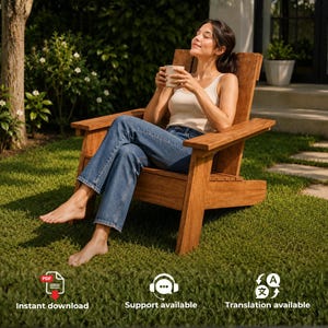 Può includere: Una sedia Adirondack in legno marrone con schienale inclinato, ampi braccioli e seduta bassa. La sedia è costruita con doghe di legno orizzontali e presenta una struttura robusta, offrendo una superficie di seduta stabile per l'esterno.