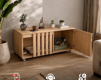 May include: A light wood cat litter box enclosure featuring a slatted front panel and a hinged side door. The interior contains a green litter tray and a beige cushion. The top surface holds decorative items including small potted plants and books.