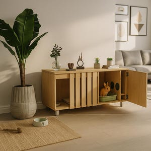 May include: A light wood pet house with a rabbit inside. The cabinet has a slatted front and an open door. A green litter box is inside. A large potted plant and decorative items are nearby.