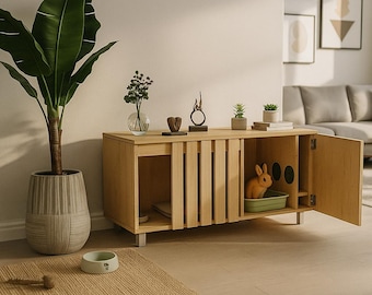 Plano de conejera de interior: Jaula estilo mueble con comedero para conejos