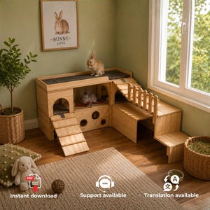 Peut inclure: Un clapier à lapins en bois à plusieurs niveaux avec une rampe, une plateforme clôturée et des ouvertures circulaires. La structure comprend un niveau supérieur à surface sombre, un niveau inférieur avec une entrée voûtée et une rampe.
