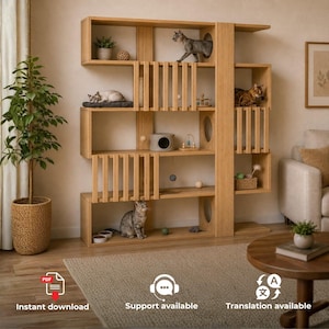 May include: A light wood cat tree featuring multiple levels, vertical slats, circular cutouts, and integrated cubbies. The structure includes various platforms for climbing and resting, with several cats positioned on different shelves throughout the unit.