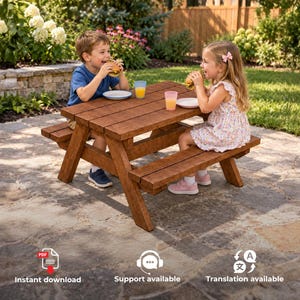 May include: A wooden picnic table with two attached benches, featuring a natural brown finish and a slatted tabletop surface. The table is designed for outdoor use and provides seating for two, with a sturdy frame and horizontal support beams.
