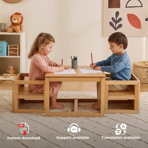 Könnte beinhalten: Ein Aktivitätstisch-Set aus hellem Holz mit zwei integrierten Stühlen mit niedrigen Rückenlehnen. Der Tisch hat eine flache Oberfläche zum Zeichnen, und die Stühle sind in den Tischrahmen eingebaut. Das Set besteht aus glattem Naturholz.