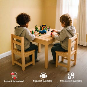 May include: A light-coloured wooden table and two matching chairs set. The table surface features various colourful wooden building blocks and small toy figures. The furniture is constructed from natural wood with a simple, sturdy design.