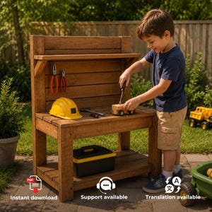 May include: A wooden workbench featuring a back panel with hanging pliers, a yellow hard hat, a screwdriver, and a wooden toy vehicle on the surface. A black and yellow storage bin sits on the lower shelf of the wooden structure.