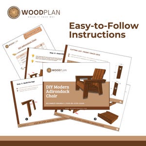 Op de afbeelding: Een verzameling geprinte pagina's getiteld Woodplan Easy-to-Follow Instructions voor een doe-het-zelf moderne Adirondack-stoel. De documenten bevatten een boodschappenlijst, zaaglijst en stapsgewijze montage-instructies met illustraties van houten onderdelen.