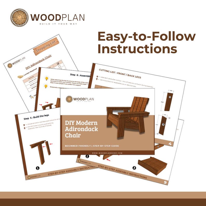 Op de afbeelding: Een verzameling geprinte pagina's getiteld Woodplan Easy-to-Follow Instructions voor een doe-het-zelf moderne Adirondack-stoel. De documenten bevatten een boodschappenlijst, zaaglijst en stapsgewijze montage-instructies met illustraties van houten onderdelen.