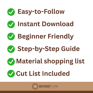 May include: A graphic with text and green checkmarks. Text includes "Easy-to-Follow", "Instant Download", "Beginner Friendly", "Step-by-Step Guide", "Material shopping list", and "Cut List Included". The Woodplan logo is at the bottom.