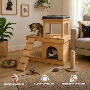 Puede incluir: Una casa de madera para gatos de varios niveles que cuenta con una guarida inferior cerrada con un cojín oscuro, una plataforma superior con un cojín gris oscuro y una escalera. La estructura incluye un poste rascador de sisal y juguetes.