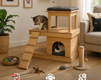 Plano de carpintería para construir una casa y torre de juegos para gatos: Condominio multinivel para gatos (Descarga en PDF)