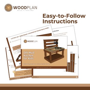 May include: A collection of DIY woodworking plans for a children's mud kitchen. The plans include a cutting list, step-by-step instructions, and a 3D rendering of the finished product. The text on the plans reads "DIY Mud Kitchen for Kids".