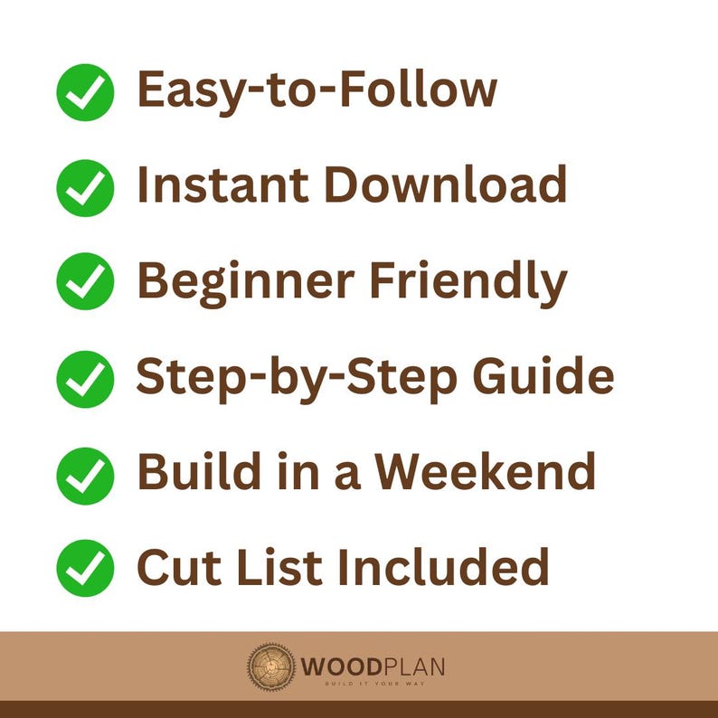 May include: A graphic with text and checkmarks. The text includes "Easy-to-Follow", "Instant Download", "Beginner Friendly", "Step-by-Step Guide", "Build in a Weekend", and "Cut List Included". The logo for Woodplan is at the bottom.