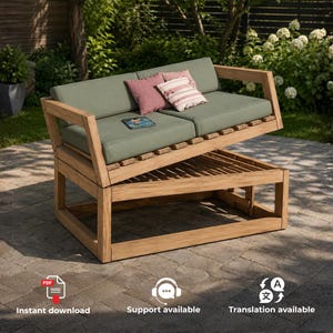 May include: A wooden outdoor loveseat with a stacked design, featuring a natural wood frame and sage green seat cushions. The top section includes a solid pink throw pillow and a striped pink and white pillow, with a small book resting on the seat.