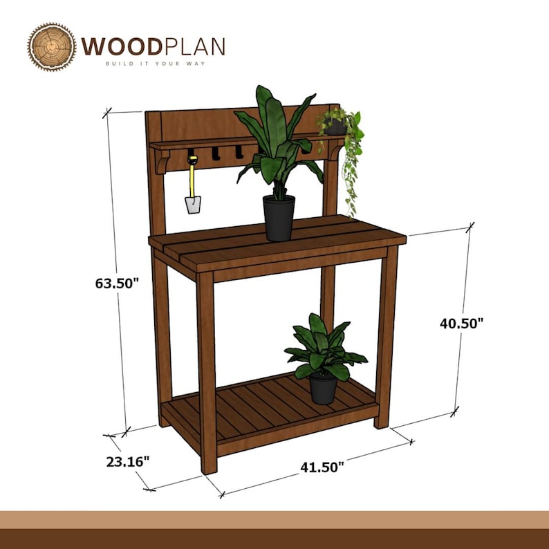 May include: A brown wooden potting bench with a shelf, hooks, and a backboard. The bench is 63.50 inches tall, 41.50 inches wide, and 23.16 inches deep. It has a lower shelf and is decorated with plants. The text "WOODPLAN BUILD IT YOUR WAY" is at the top.