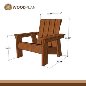 Op de afbeelding: Een bruine houten stoel met een lattenrugleuning en brede armleuningen. Het ontwerp bevat maatlijnen en tekst die een breedte van 23,50 inch, een hoogte van 34,53 inch, een diepte van 30,44 inch en een armleuninghoogte van 20,75 inch aangeven. WOODPLAN-logo.