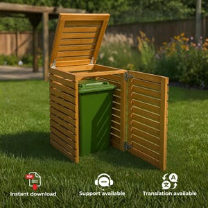Puede incluir: Un cobertizo para cubos de basura de madera marrón claro con diseño de listones, tapa abatible y una puerta lateral. Dentro de la estructura hay un contenedor de basura de plástico verde. La unidad está construida con listones horizontales.