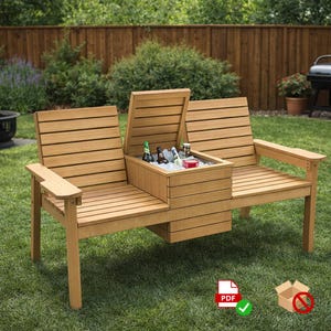 Plano PDF de banco 3 en 1 para exterior: banco doble con nevera oculta y mesa abatible (hazlo tú mismo)