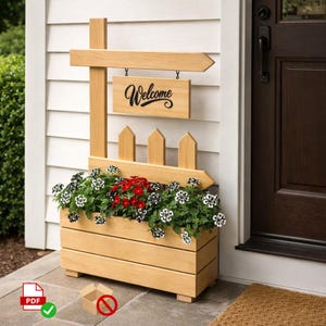 May include: A wooden planter box with a welcome sign and arrow accents. The planter is filled with vibrant red and white flowers. The sign reads "Welcome" in a cursive font, perfect for a front porch or garden.