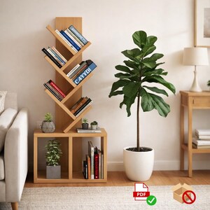 May include: A wooden tree-shaped bookshelf with books on the shelves. The bookshelf is light brown and has a modern design. A large green plant in a white pot is next to the bookshelf. Small potted plants are on the bottom shelf.