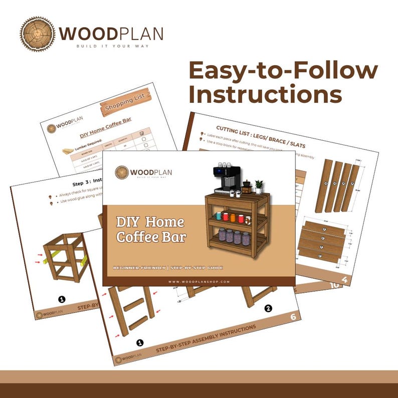 May include: A collection of printed instructional pages for a DIY Home Coffee Bar project by Woodplan. The documents feature diagrams, a shopping list, a cutting list, and step-by-step assembly instructions for a three-tiered wooden coffee station.