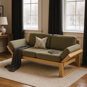 May include: A modern olive green sofa with a light wood frame. The sofa has two seat cushions, two armrests, and a decorative pillow. A gray blanket is draped over the armrest. A book rests on the seat cushion.