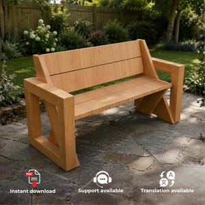 May include: A light brown wooden bench featuring a slatted backrest and a flat seat, supported by two thick, angular, geometric side frames that connect to the base, creating a sturdy structure with a natural wood grain finish throughout the piece.