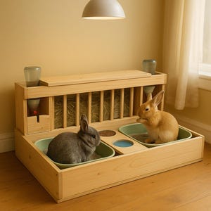 Könnte beinhalten: Ein hölzerner Kaninchenstall mit zwei Kaninchen. Der Stall hat eine Heuraufe, Futter- und Wassernäpfe und eine herausziehbare Schublade. Ein Kaninchen ist grau, das andere ist hellbraun. Der Stall ist aus hellem Holz.