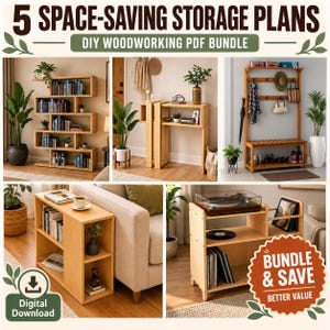 Puede incluir: Un paquete digital de 5 planos de carpintería que ahorran espacio, incluyendo una estantería en zigzag de madera clara, una mesa consola, un perchero con banco, una mesa auxiliar estrecha con estantes y un mueble multimedia para tocadiscos.