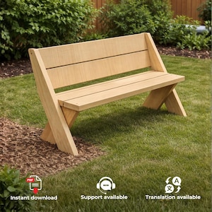 May include: A light-colored wooden bench featuring a backrest composed of two horizontal slats and a seat made of three horizontal planks. The bench is supported by two angled, V-shaped side legs that provide a stable base for the structure.