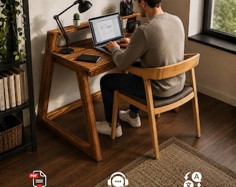May include: A wooden desk with an A-frame design, featuring a flat work surface, a raised shelf, and a black adjustable desk lamp. The desk is paired with a wooden chair that has a curved backrest and a dark padded seat, creating a workspace.