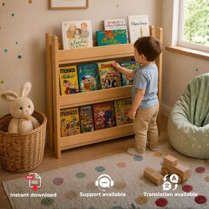 May include: A light-coloured wooden bookshelf with three horizontal shelves holding various children's books. The books feature colourful illustrations and titles such as A Família da Flora, Mônica, and O Pequeno Príncipe. The unit has a simple design.