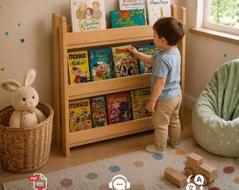 Puede incluir: Una estantería de madera clara con tres niveles horizontales que contiene varios libros infantiles. Los libros presentan ilustraciones coloridas y títulos como A Familia da Flora, Ninguem e Igual a Ninguem, A Tartaruga e a Boneca, O Pequeno Principe y Monica.
