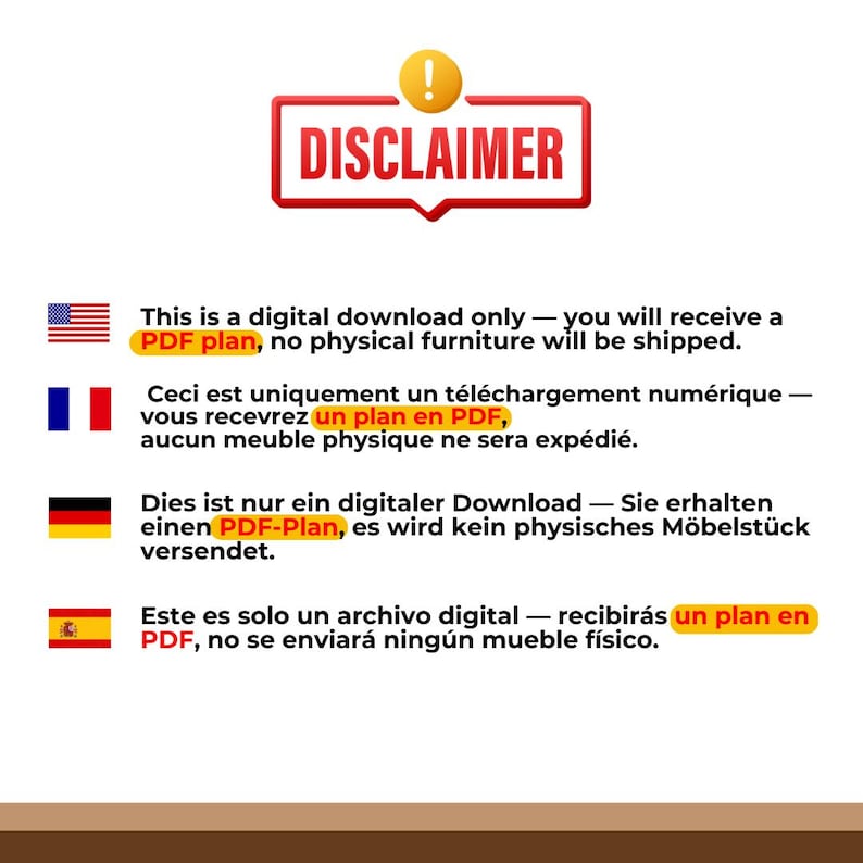 May include: A digital disclaimer graphic featuring a yellow exclamation mark icon above a red rectangular banner with the white text DISCLAIMER. Below are four lines of text, each preceded by a national flag, explaining that this is a digital download.