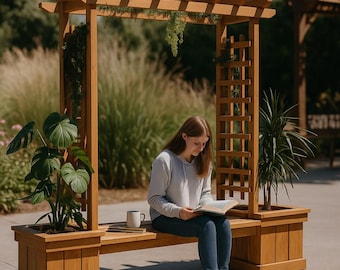 DIY Wooden Bench with Pergola and Planters – Outdoor Garden Seating & Trellis Woodworking Plan