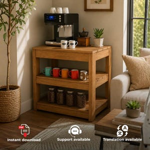May include: A light brown wooden coffee station with three tiers. The top surface holds a black espresso machine and two white mugs. The middle shelf features five colorful mugs. The bottom shelf contains four glass jars filled with coffee beans.